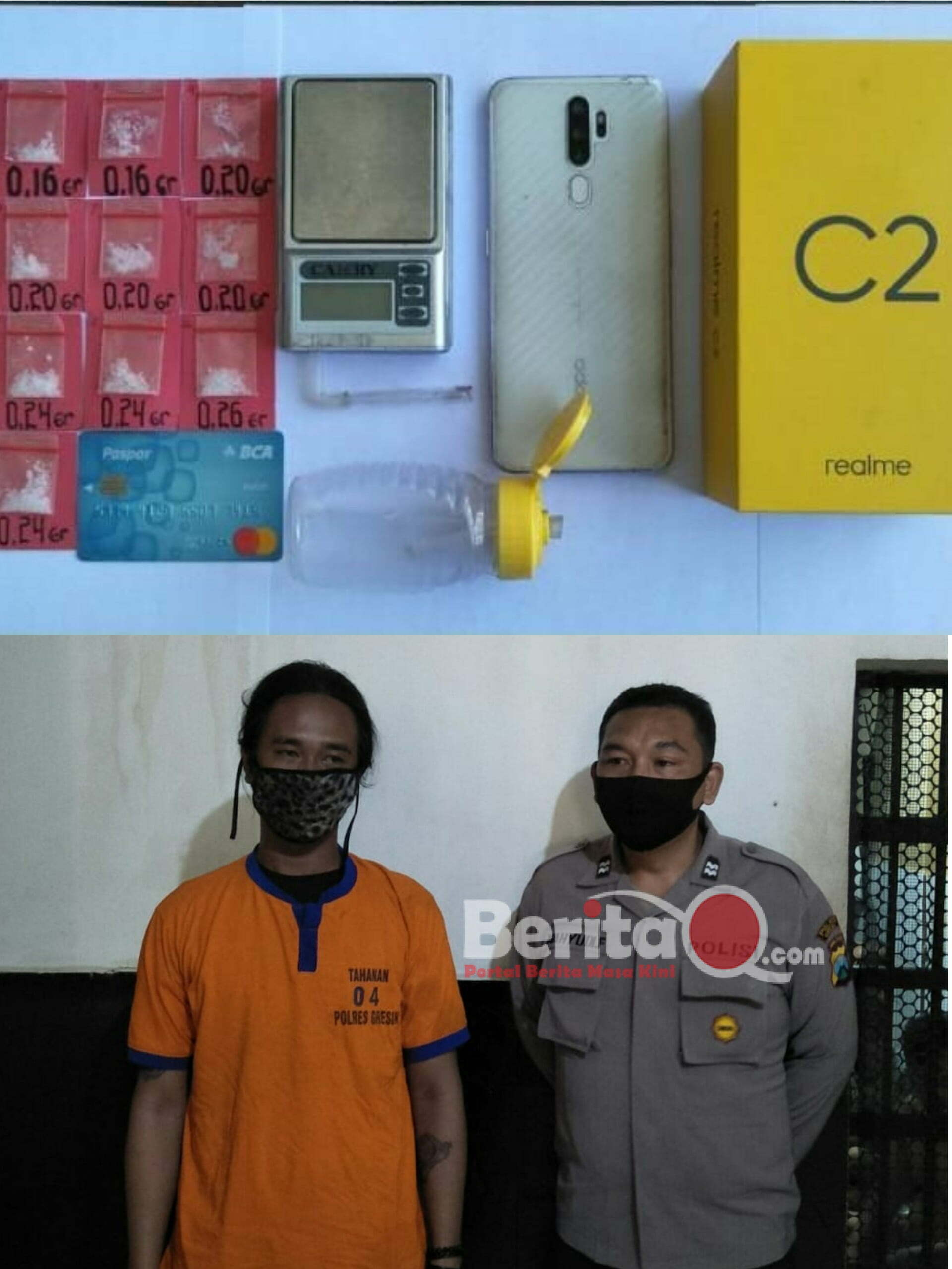 Tersangka BS beserta barang bukti yang diamankan Satresnarkoba Polres Gresik