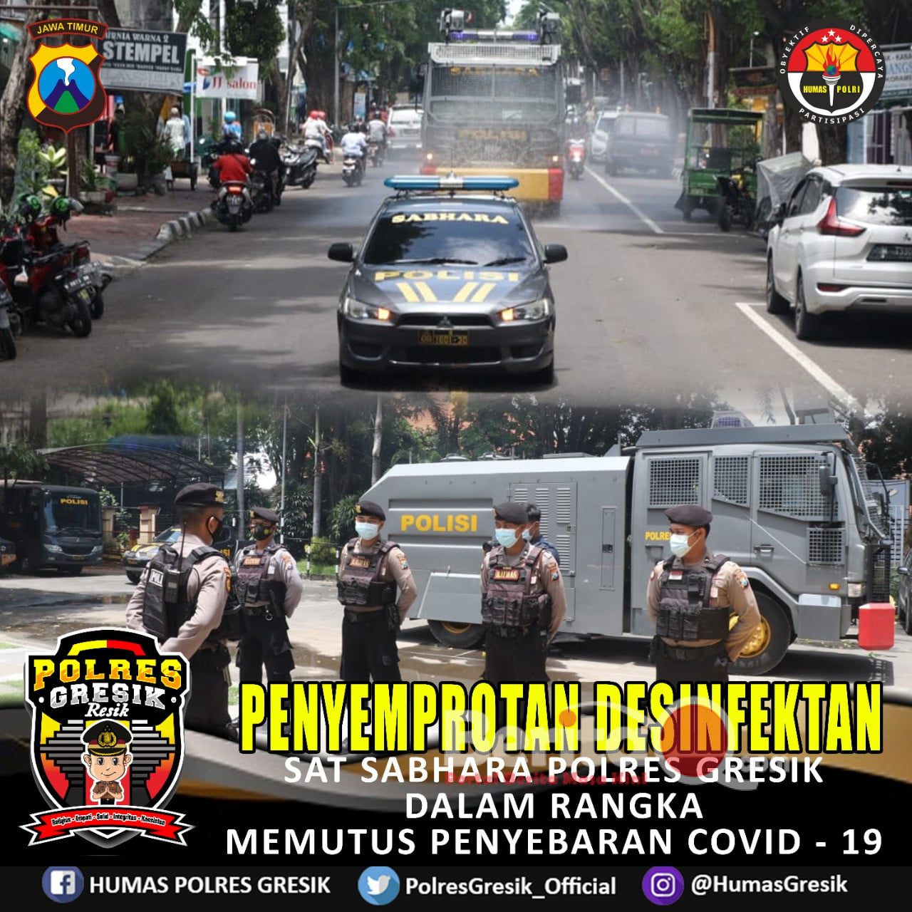 Polres Gresik giat penyemprotan disinfektan memakai water Canon