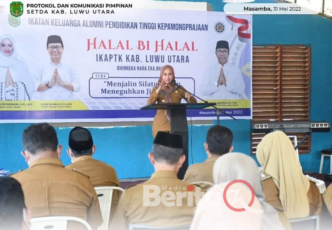 Bupati Luwu Utara Indah Putri Indriani saat menyampaikan pesannya di acara halal bihalal IKAPTK Lutra